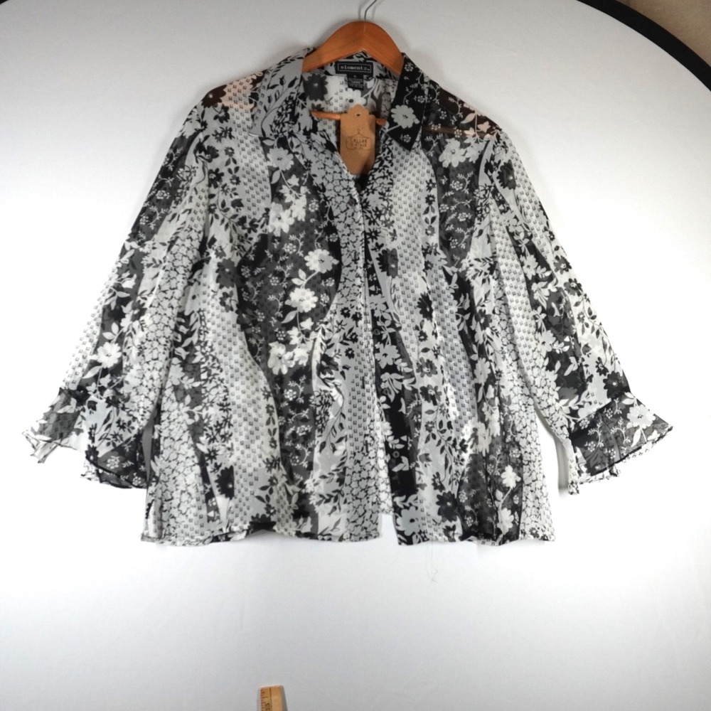 VTG Elementz Sheer Floral Shirt XL Black White Bell Sleeve Y2K Blouse Flowy